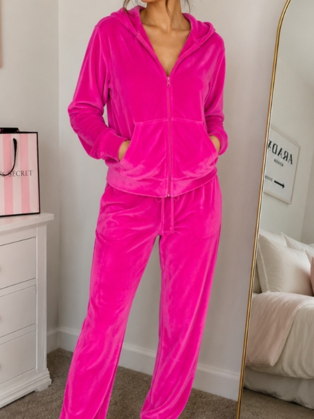 Hot Pink Victoria Secret Velour Zip Hoodie & Jogger Set Size Small